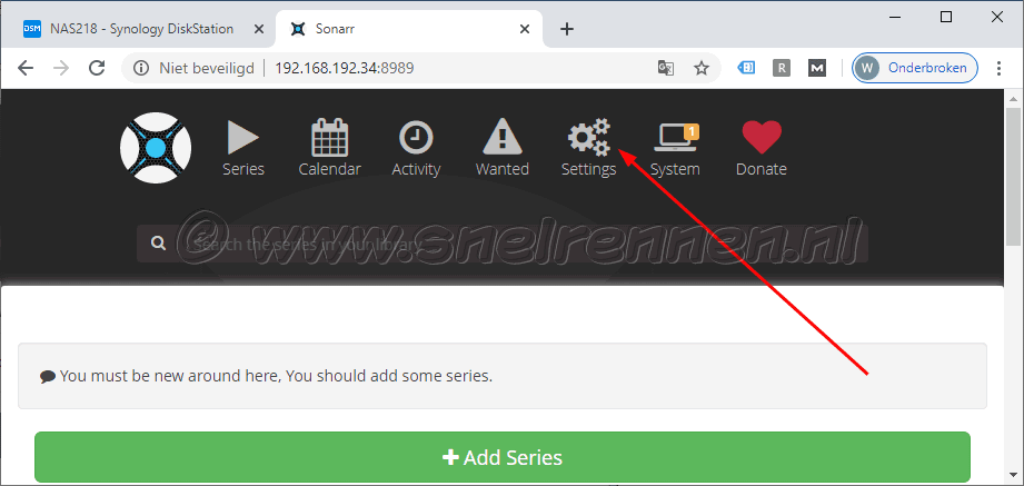 Sonarr configureren, settings menu