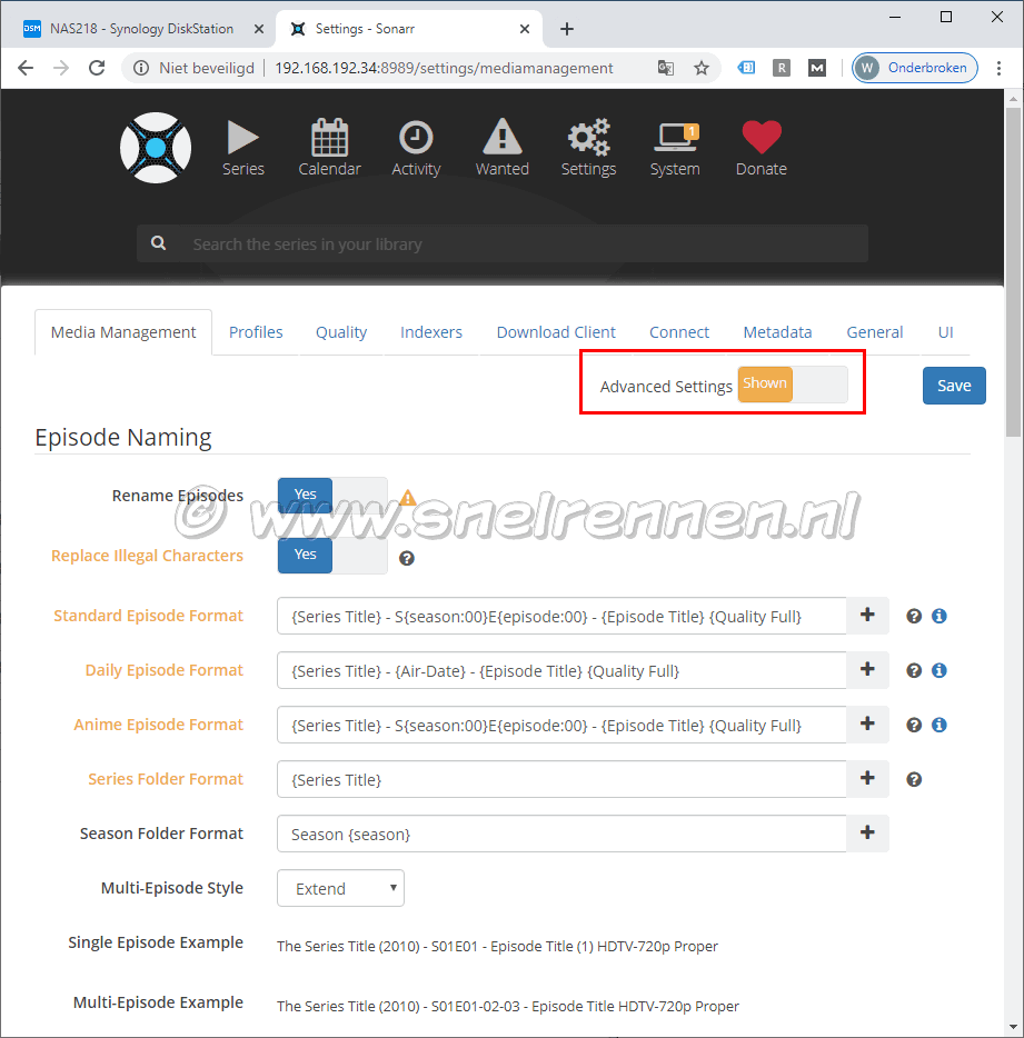 Sonarr settings, Episode naming