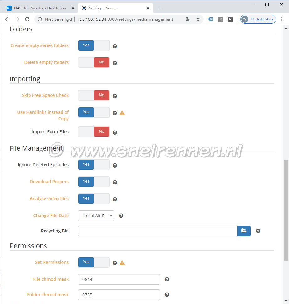 Sonarr settings, Foldere, Importing, File management en Permissions