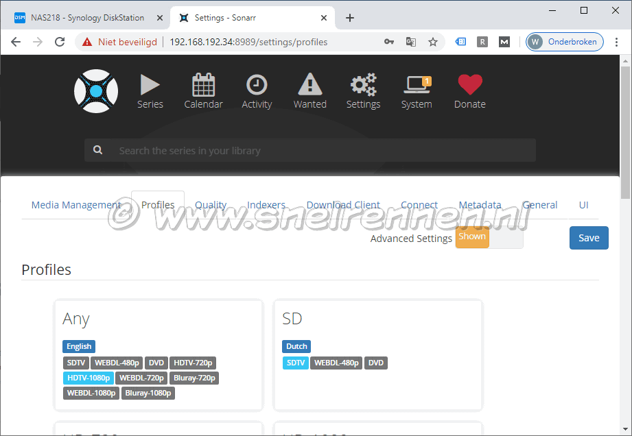 Sonarr settings, Profiles