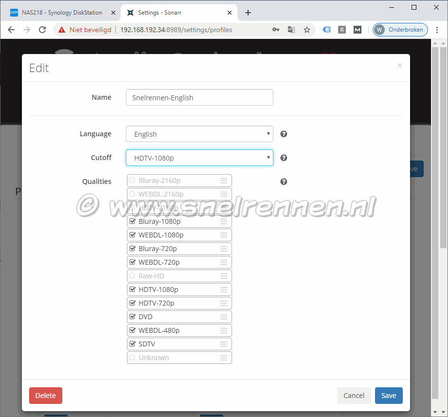 Sonarr settings, Profile Aanpassen