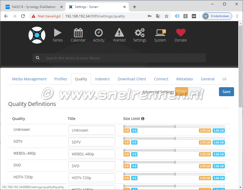 Sonarr settings, tabblaf quality