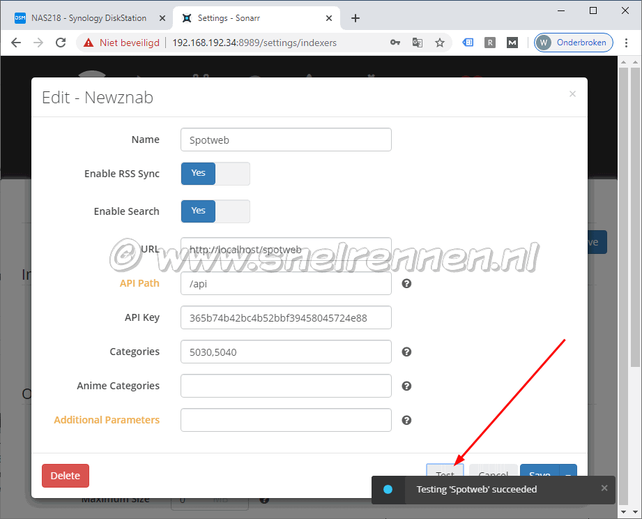 Sonarr settings, Add  Spotweb als Indexer