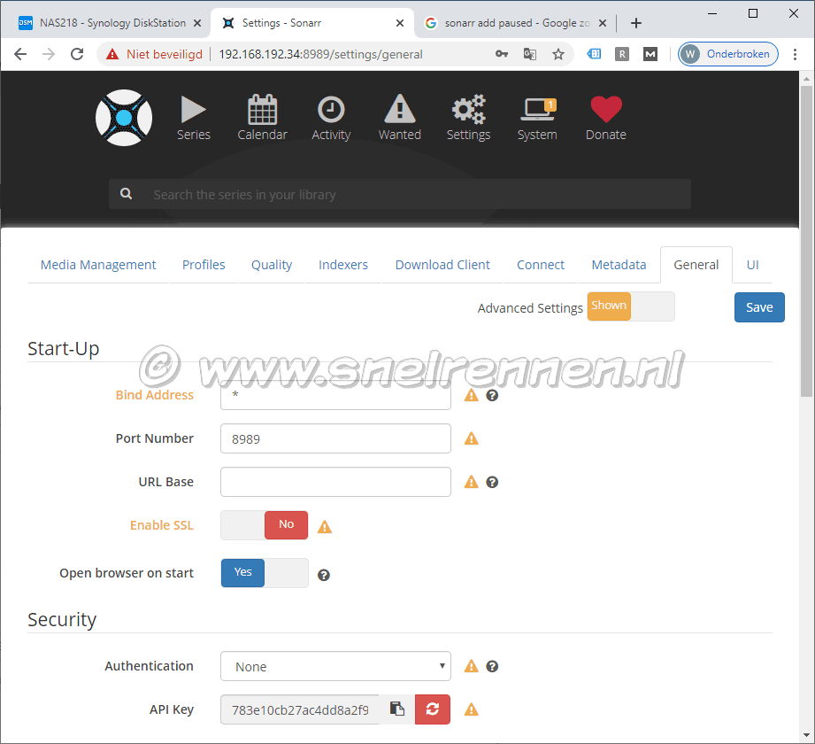 Sonarr settings, tablad general