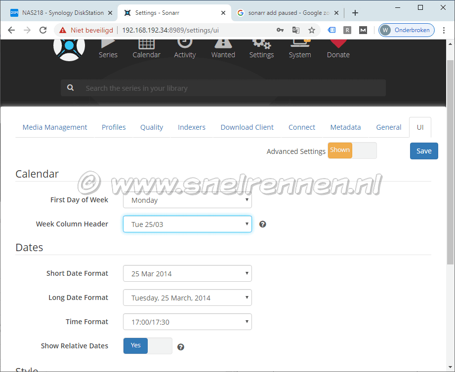 Sonarr settings, tablad UI