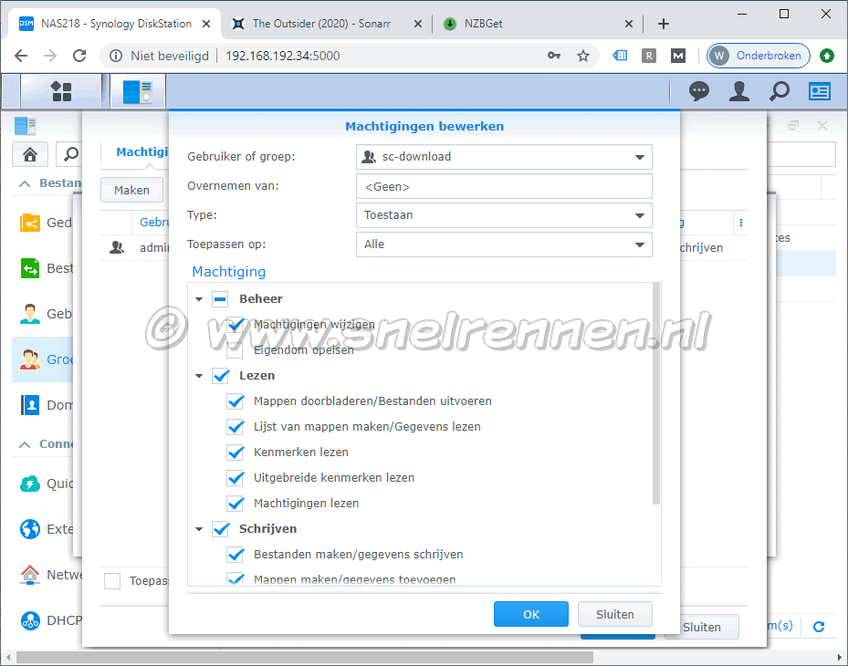 Sonarr, machtigingen bewerkt