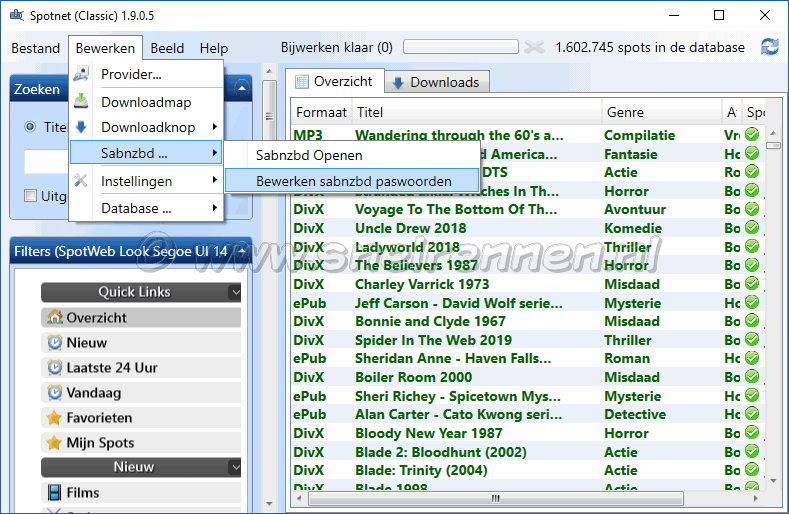 Spotnet Classic, bewerken SABnzbd wachtwoorden