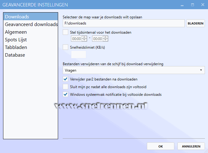 Spotnet 2.0, Geavanceerde instellingen. Tabblad Downloads