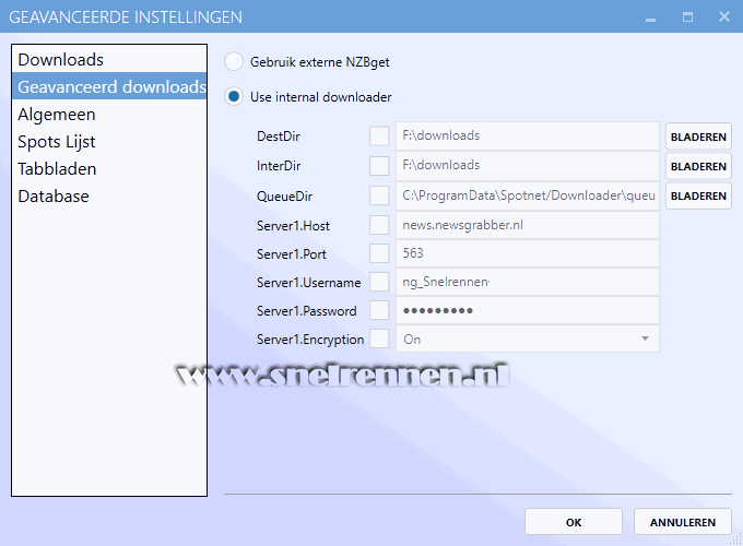 Spotnet 2.0, Geavanceerde instellingen. Tabblad Geavanceerde 
Downloads