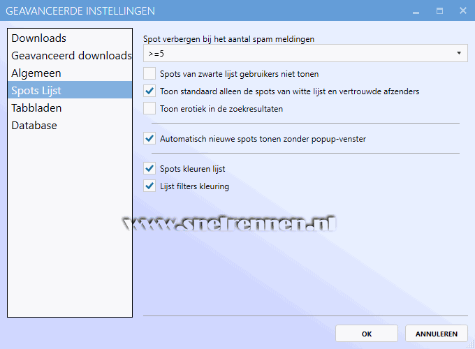 Spotnet 2.0, Geavanceerde instellingen. Tabblad Spot Lijst