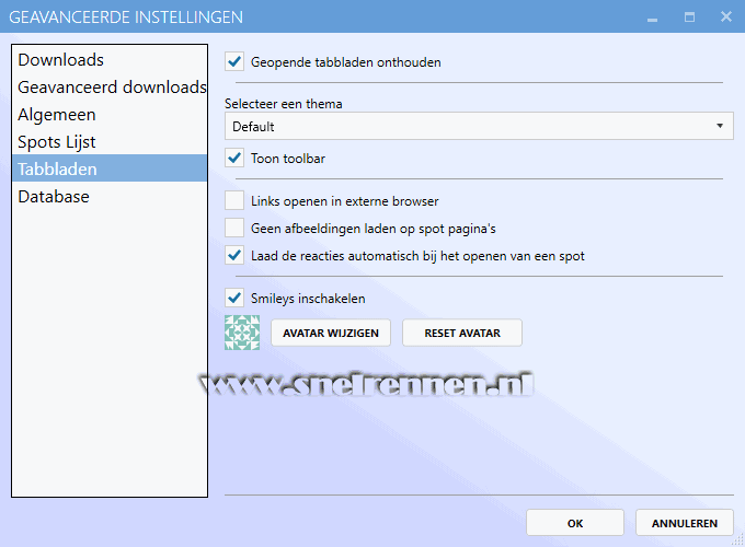 Spotnet 2.0, Geavanceerde instellingen. Tabblad tabbladen