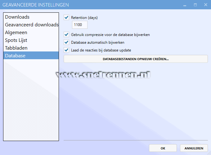 Spotnet 2.0, Geavanceerde instellingen. Tabblad Database