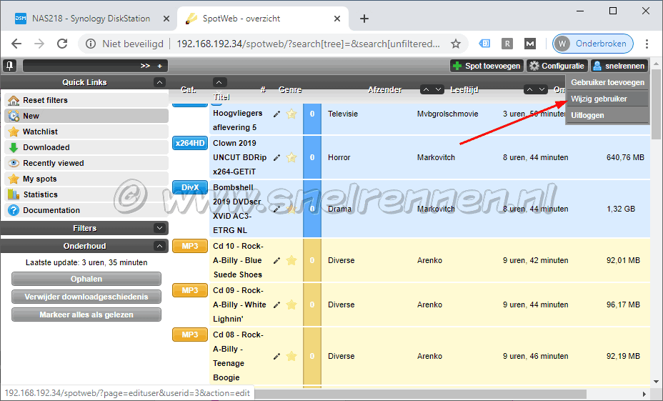 Spotweb, gegevens gebruiker wijzigen