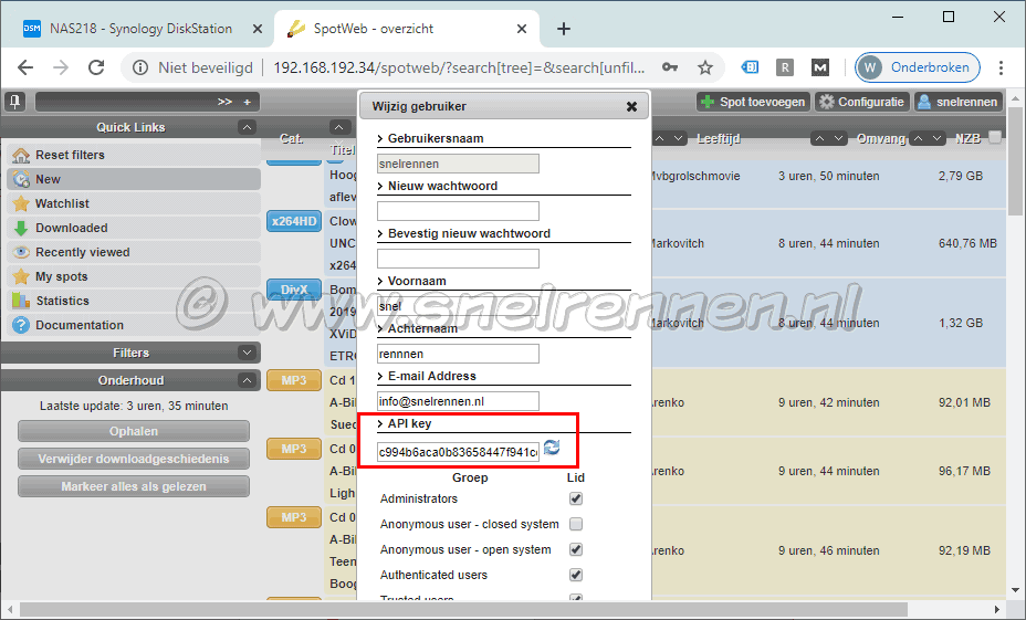 Spotweb, api key ophalen