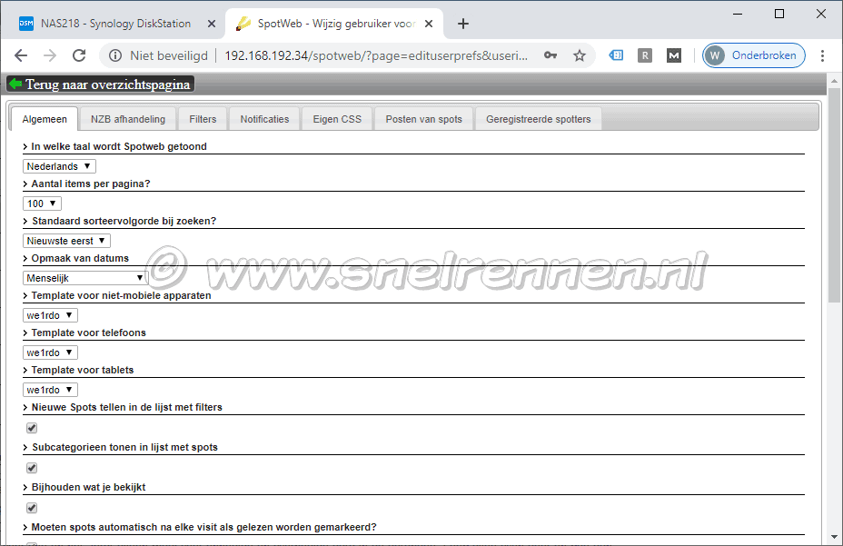 Spotweb configureren, tabblad algemen