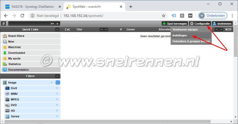 Spotweb installeren, menu instellingen