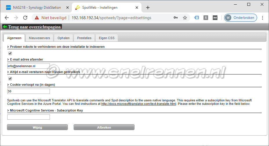 Spotweb instellingen, tabblad algemeen