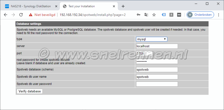 Spotweb installatie, database settings