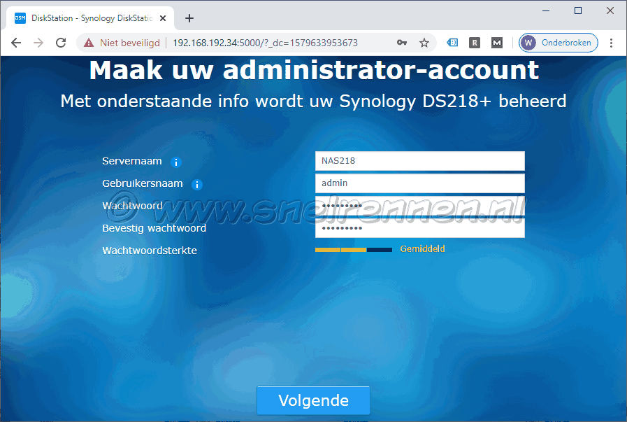 Synology Web Assistant,Administrator account aanmaken