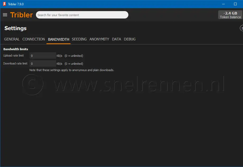 Tribler settings, Bandwith