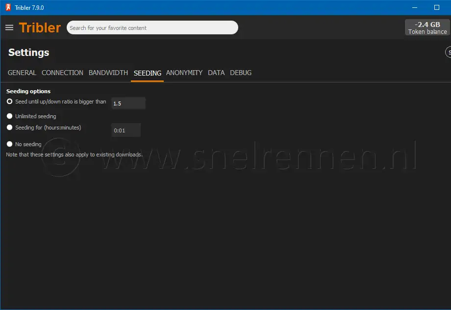 Tribler settings, Seeding