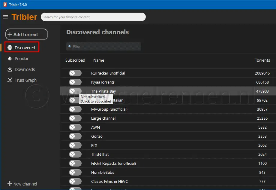 Tribler, discovered channels