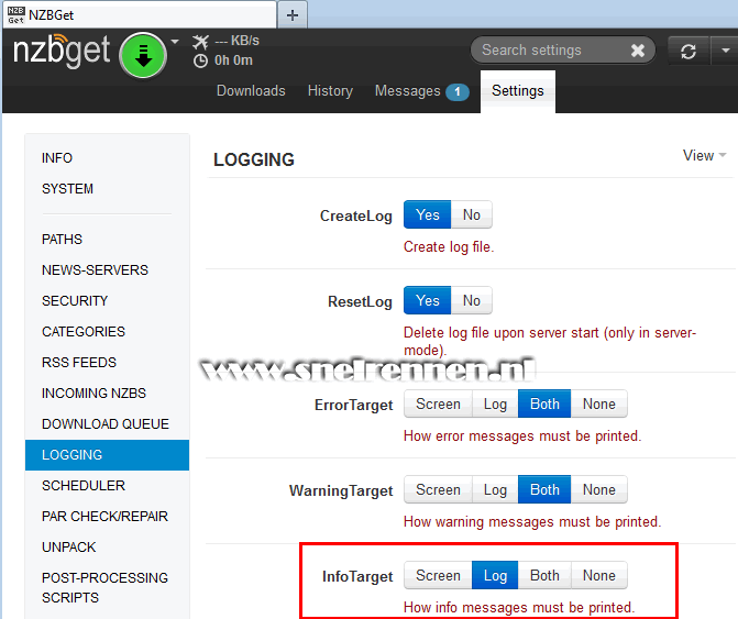 NZBGet, tabblad logging