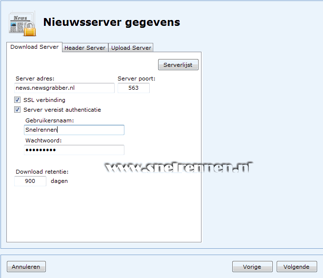 Usenet Collector, nieuwsserver gegevens