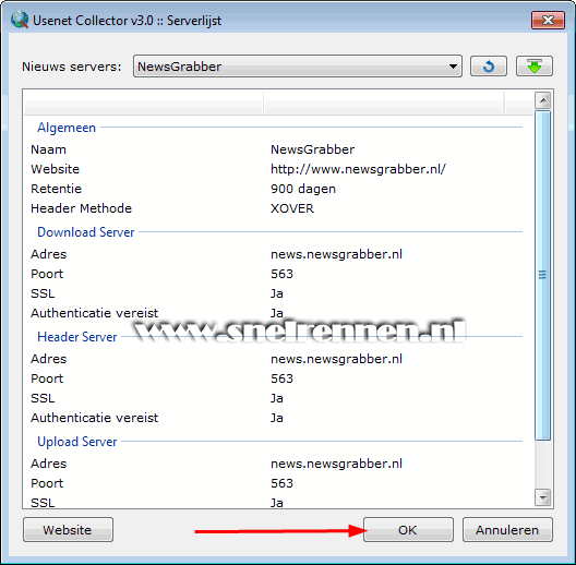 Usenet Collector, geselecteerde nieuwsserver