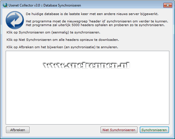 Usenet Collector, database synchroniseren