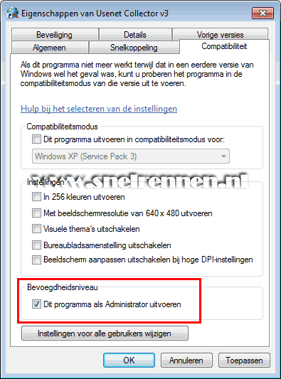 Usenet Collectaor als administrator uitvoeren