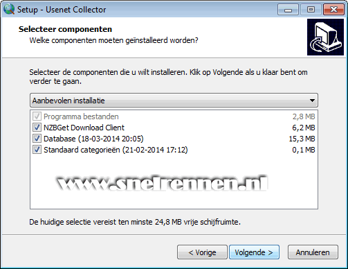 Usenet Collector Setup, selecteer componenten