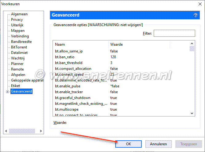 µTorrent, Voorkeuren - Geavanceerd.