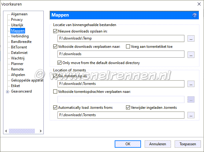 Instellen uTorrent, tabblad mappen