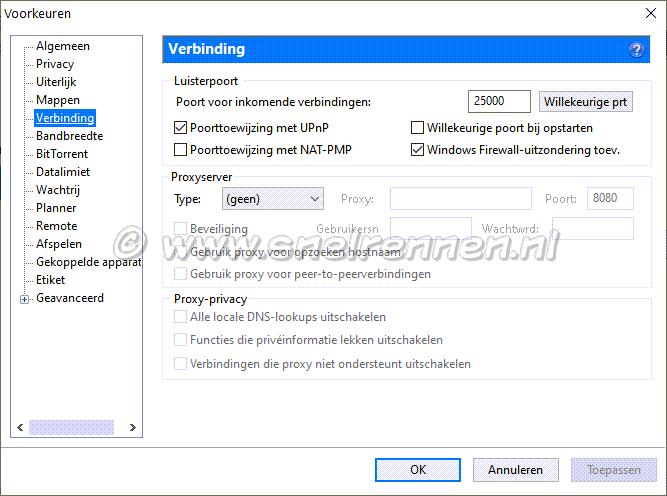 Instellen uTorrent, tabblad verbinding