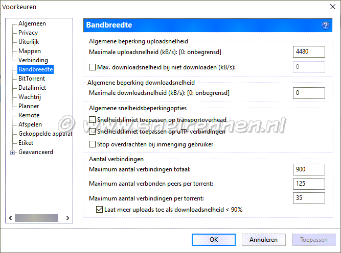 Instellen uTorrent, tabblad bandbreedte