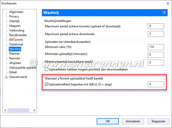 Instellen uTorrent, tabbald wachtrij