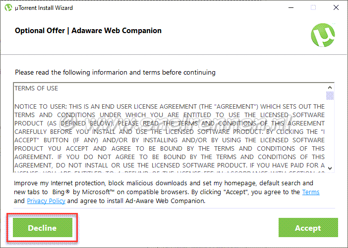 µTorrent install wizard, Adaware Web Companion