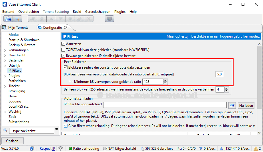 Vuze, tabblad ip filters