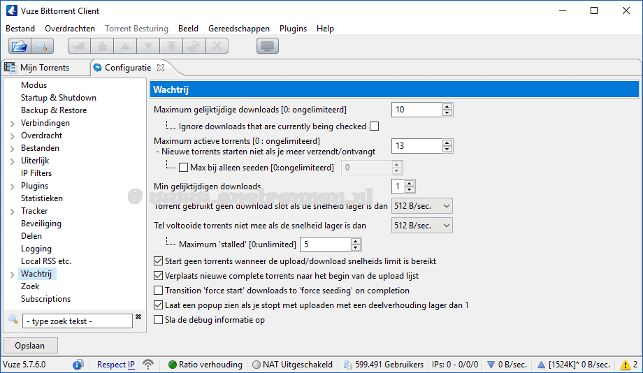 Vuze configureren, tabblad wachtrij