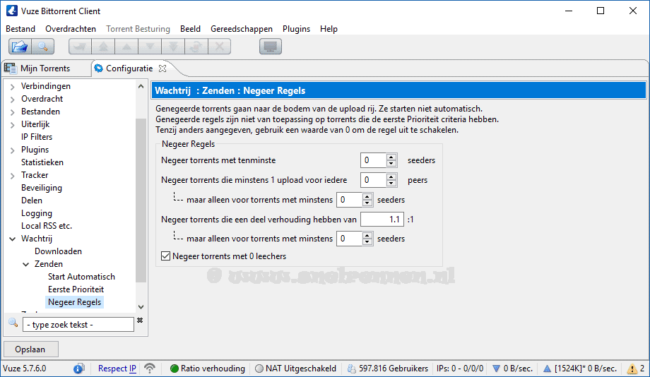 Vuze configureren, tabblad negeer regels