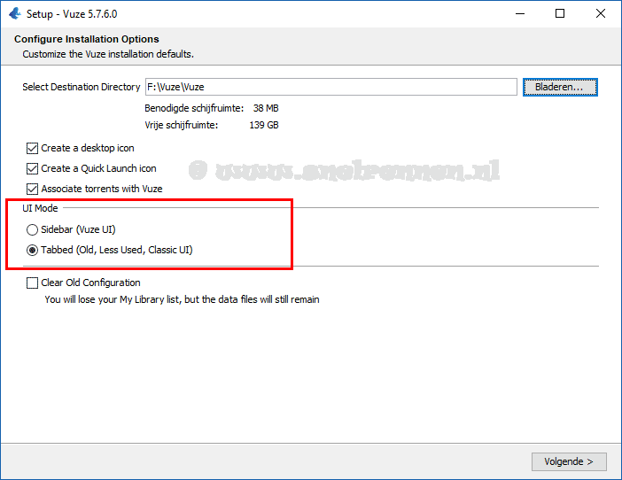 Vuze, configure installation options