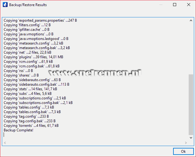 Vuze, backup/restore results