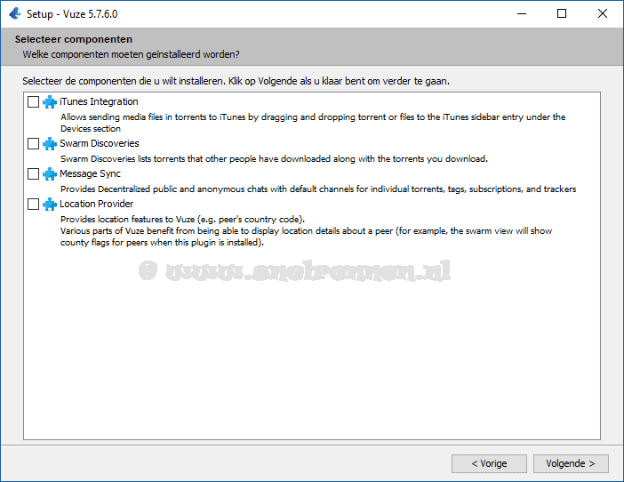 Setup Vuze, Select Components