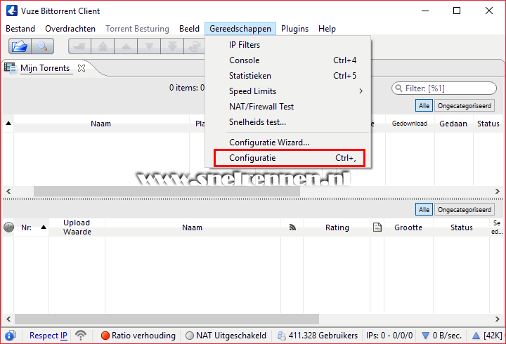 Vuze, configuratie menu